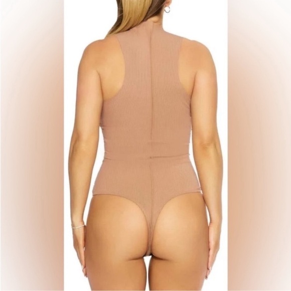 Naked Wardrobe Get Snatched Bodysuit Coco Tan Ribbed Exposed Seam NWT - Picture 2 of 8